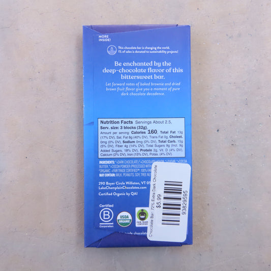 Chocolate Bar: 72% Extra Dark Chocolate