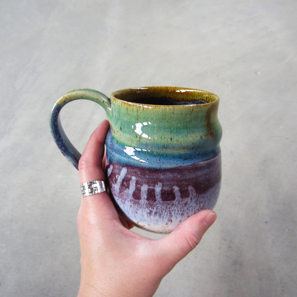 Large Handmade Ceramic Mug: Colorful Striped Glaze