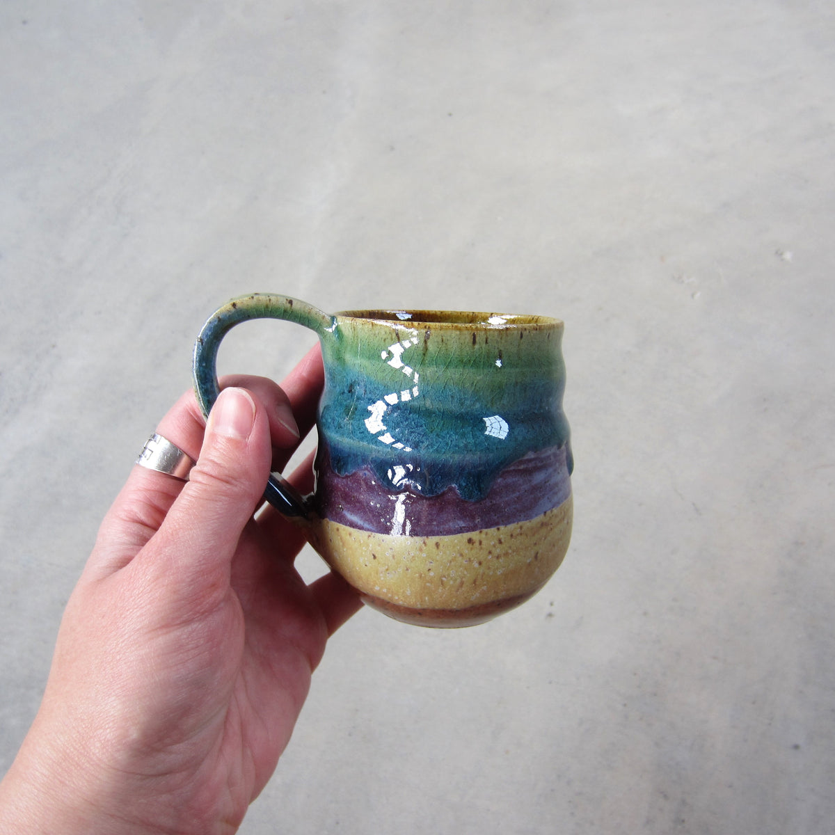 Small Handmade Ceramic Mug: Colorful Striped Glaze