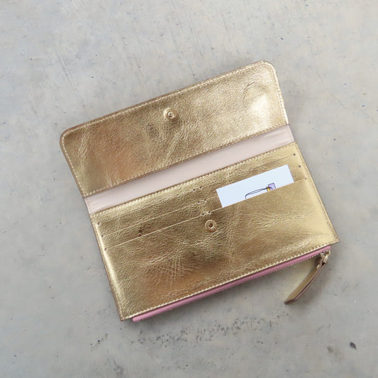 Odele Slim Wallet: Gold with Salmon Zipper