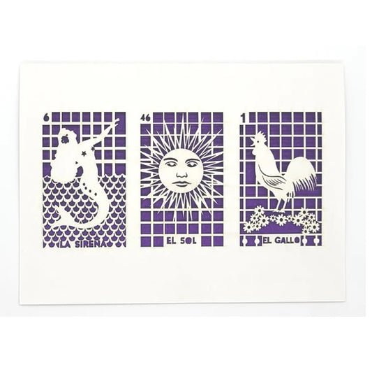 Laser Cut Greeting Card: 3 on 1 Loteria - La Sirena, El Sol, El Gallo