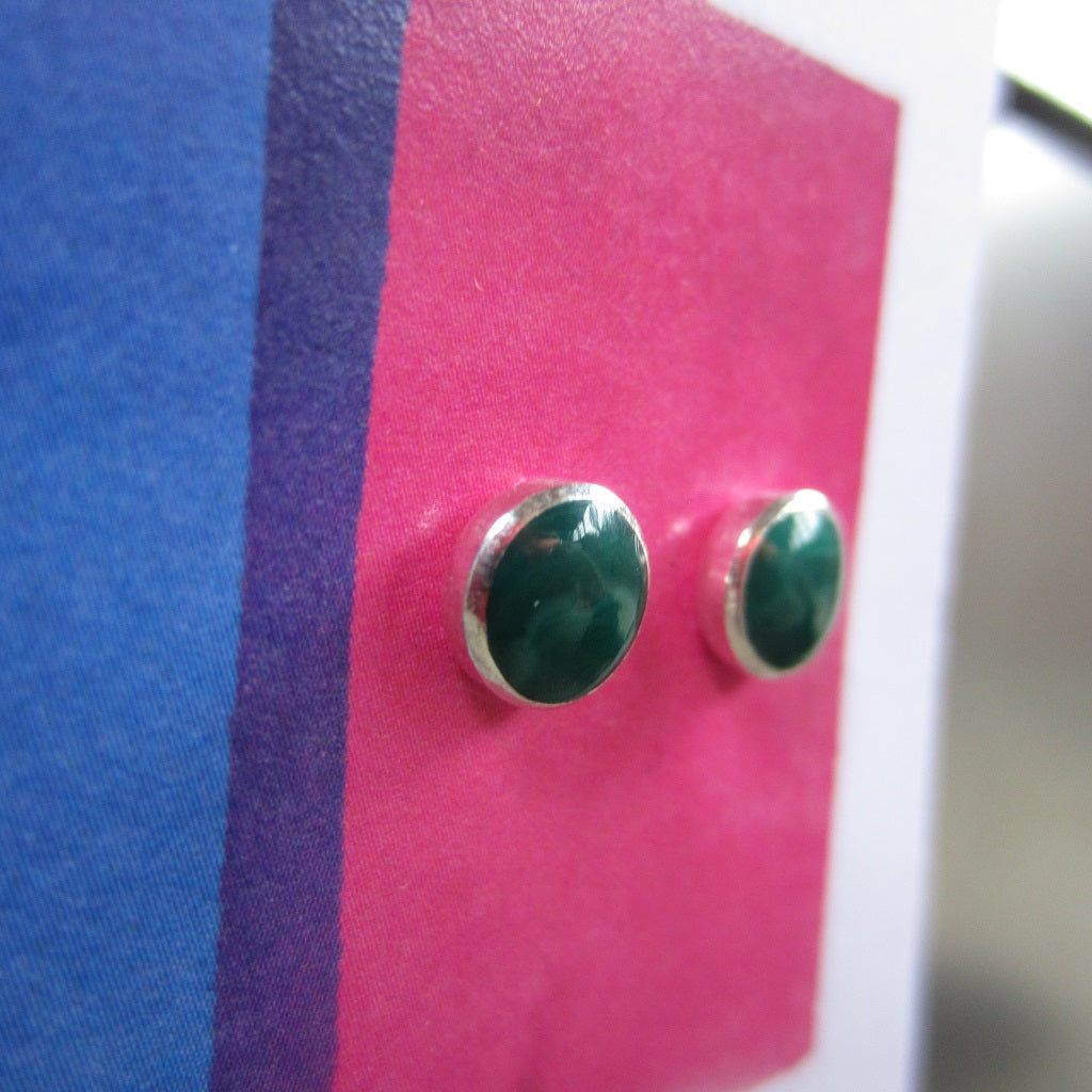 Abstract Studs: Silver and Malachite Circles