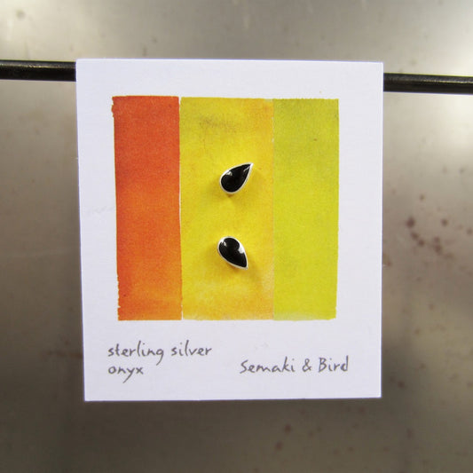Abstract Studs: Silver Onyx Teardrops