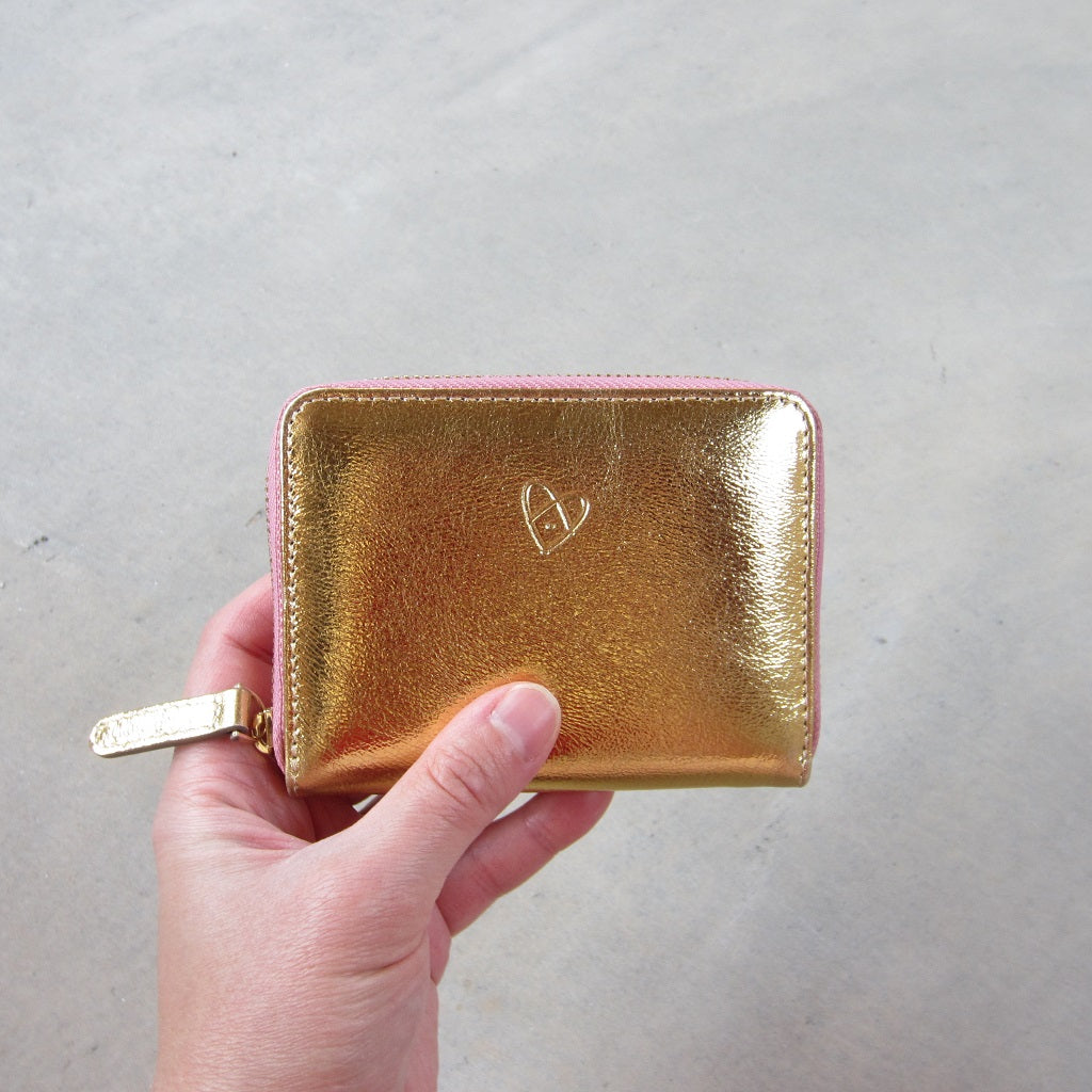 Bella Mini Wallet: Gold with Salmon Zipper