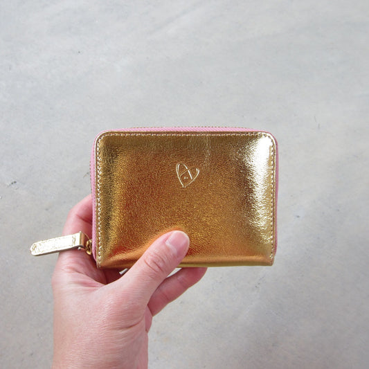 Bella Mini Wallet: Gold with Salmon Zipper