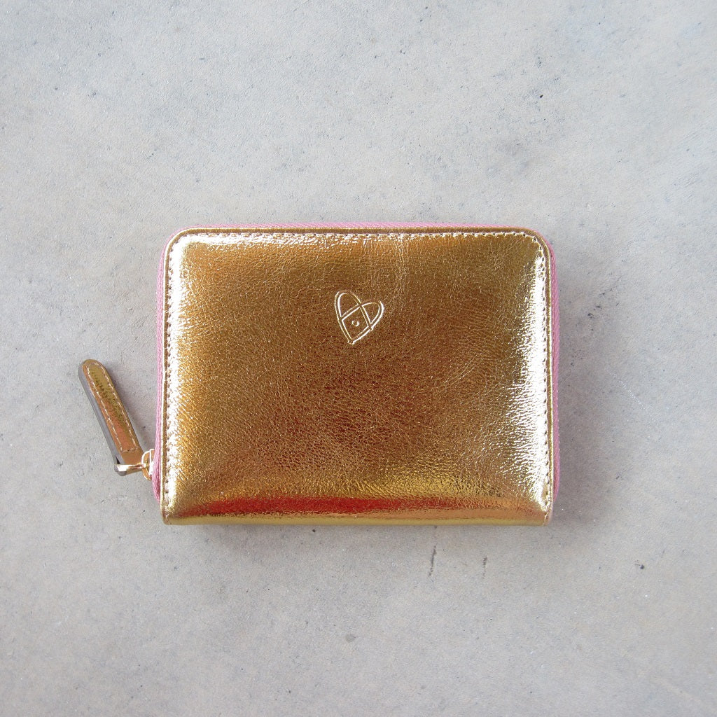 Bella Mini Wallet: Gold with Salmon Zipper