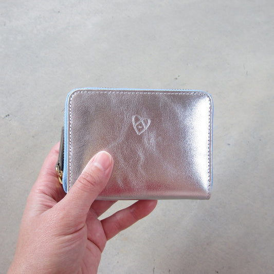 Bella Mini Wallet: Silver with Blue Zipper