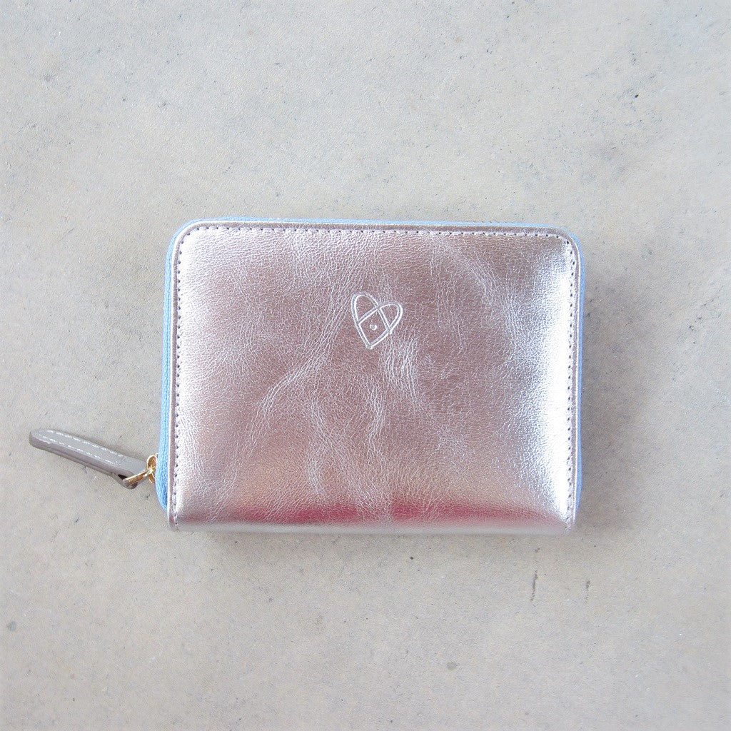 Bella Mini Wallet: Silver with Blue Zipper