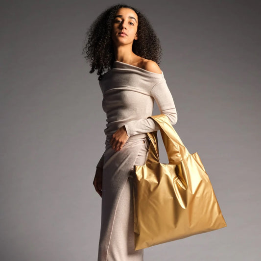 Recycled Tote Bag with Pouch: Gold Metallic Bag with Zip Pocket