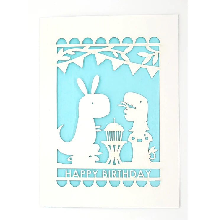 Laser Cut Greeting Card: Happy Birthday Dino and Bunny