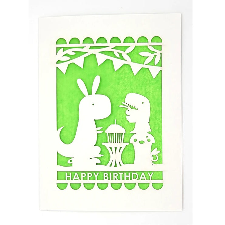 Laser Cut Greeting Card: Happy Birthday Dino and Bunny