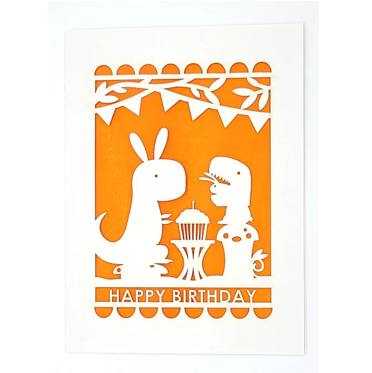 Laser Cut Greeting Card: Happy Birthday Dino and Bunny
