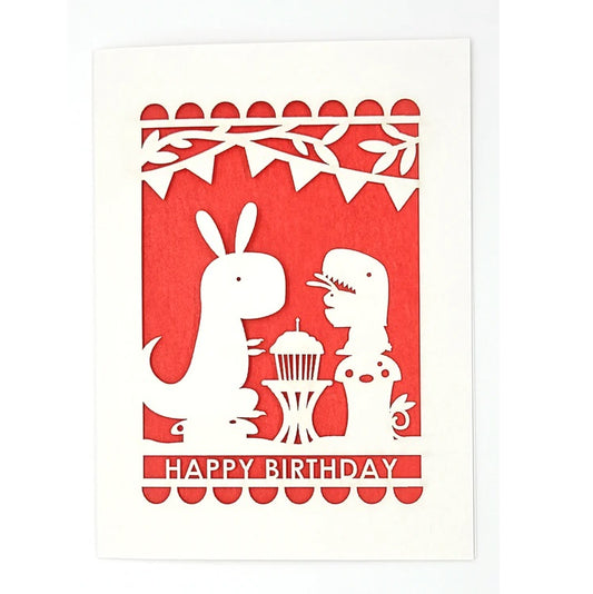 Laser Cut Greeting Card: Happy Birthday Dino and Bunny