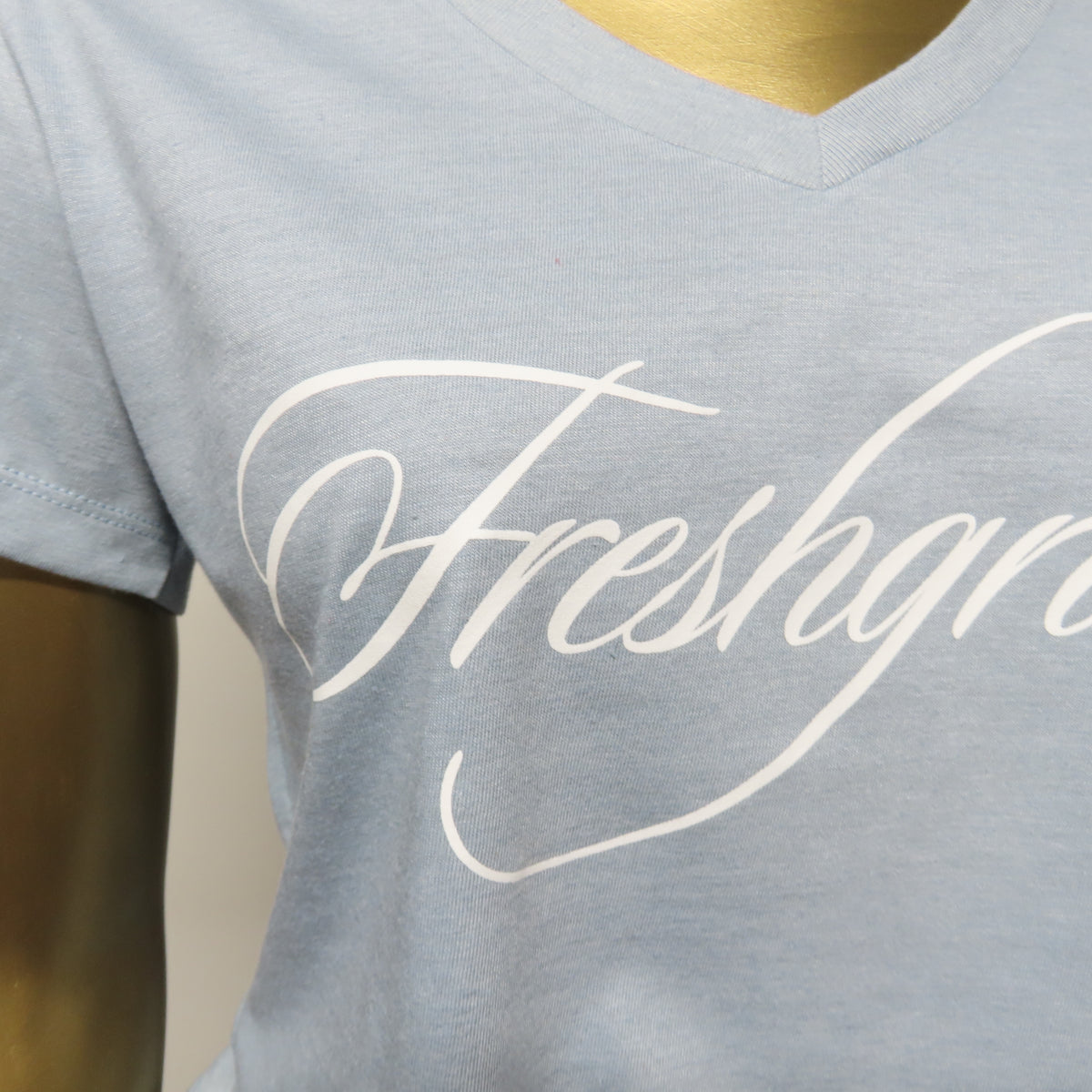 FreshGrass Tee: Light Blue with Script - V-Neck for Women
