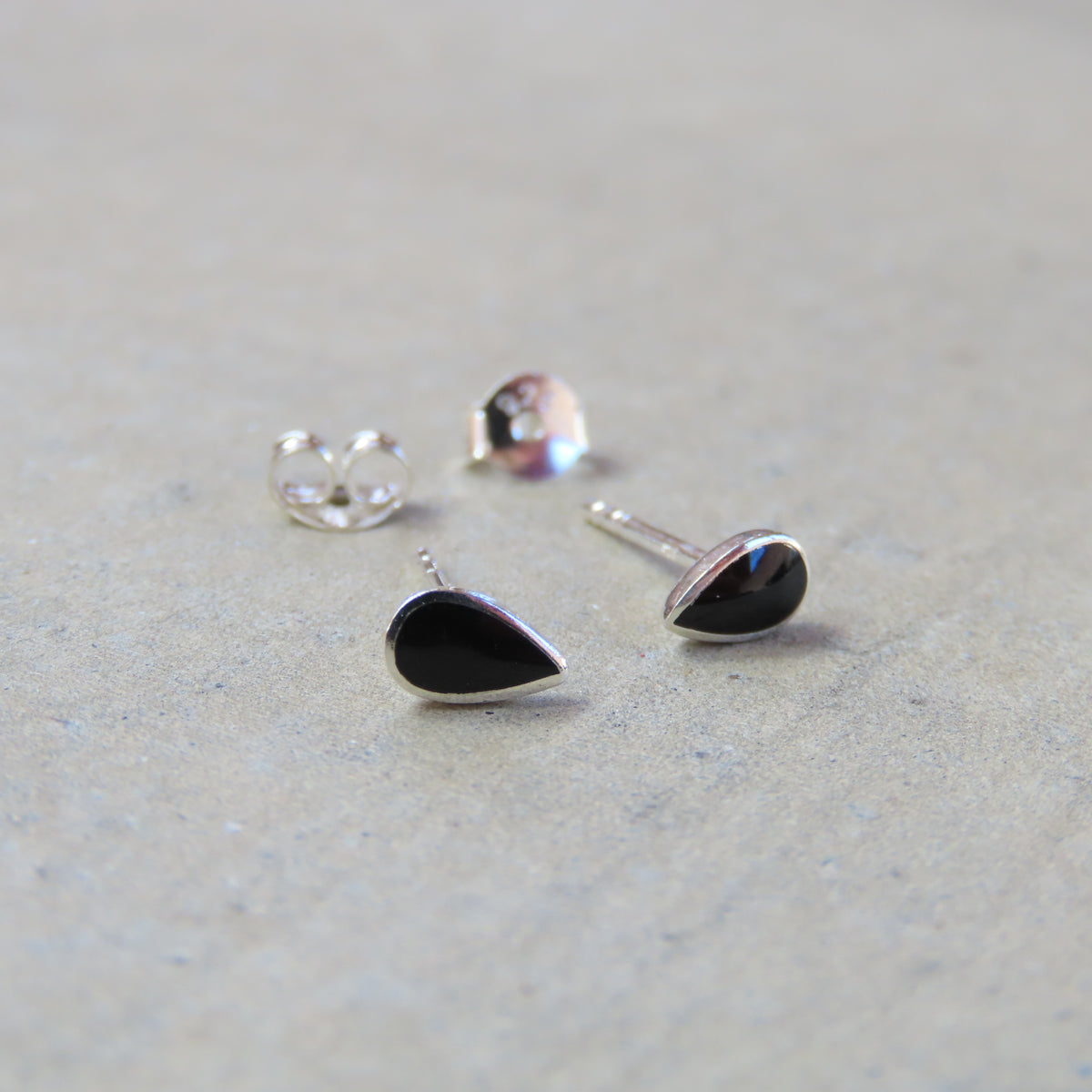 Abstract Studs: Silver Onyx Teardrops