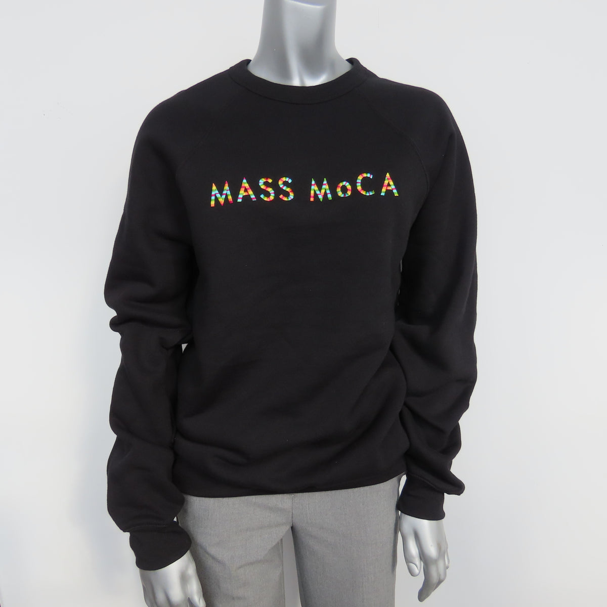 MASS MoCA Crew Neck Sweatshirt: Black with Multicolor Embroidery (Unisex)