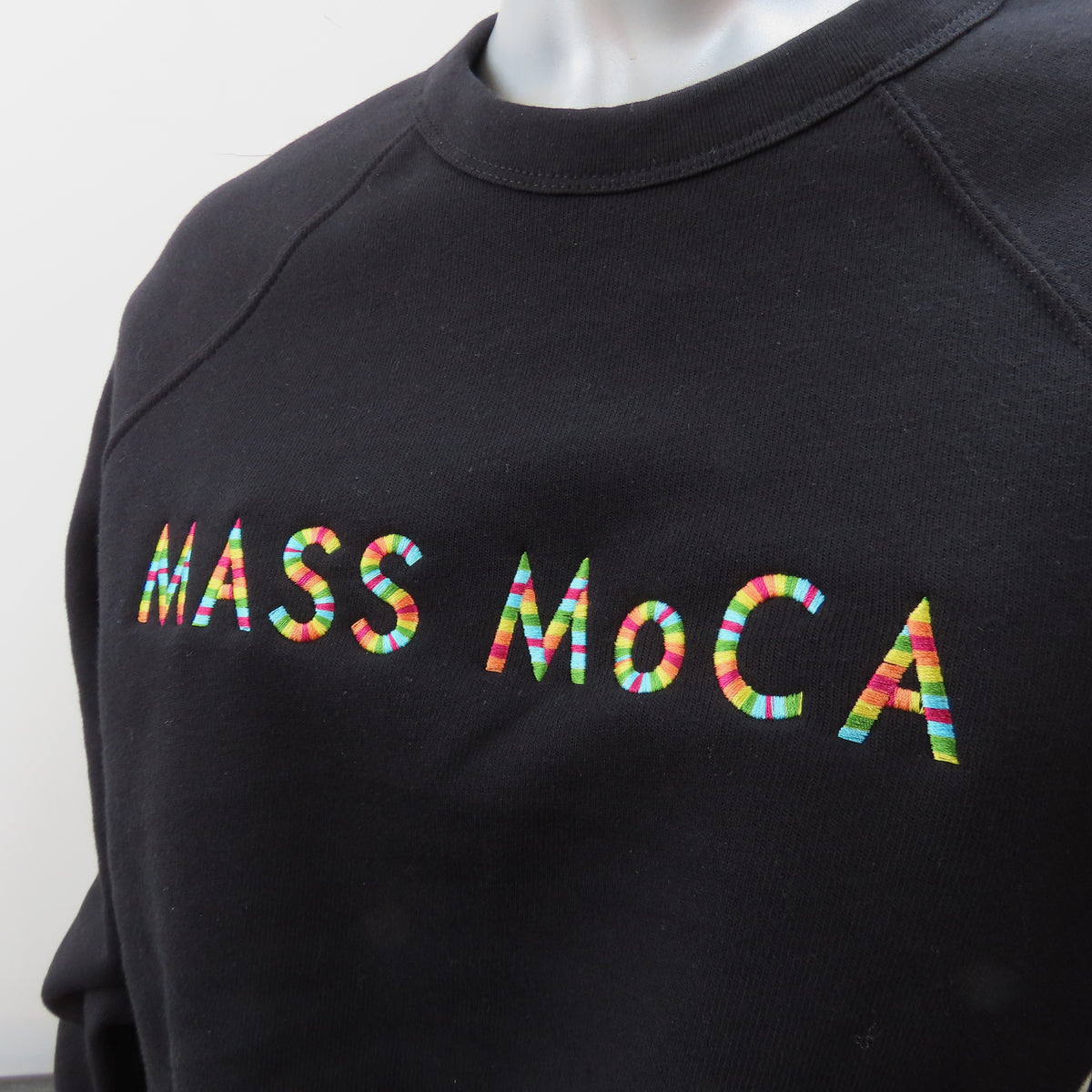 MASS MoCA Crew Neck Sweatshirt: Black with Multicolor Embroidery (Unisex)