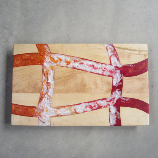 Large Serving Board: Maple with Red, Orange and White Epoxy Inlay