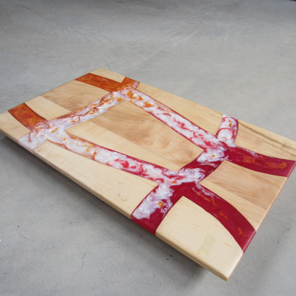 Large Serving Board: Maple with Red, Orange and White Epoxy Inlay