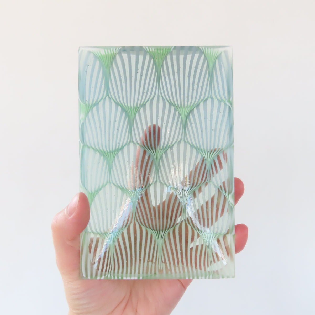 Small Rectangular Fused Glass Bowl: Seafoam Green Optic Pattern