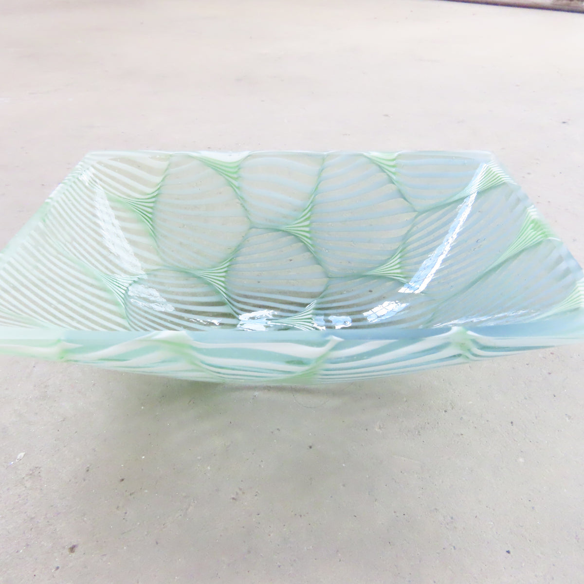 Small Rectangular Fused Glass Bowl: Seafoam Green Optic Pattern