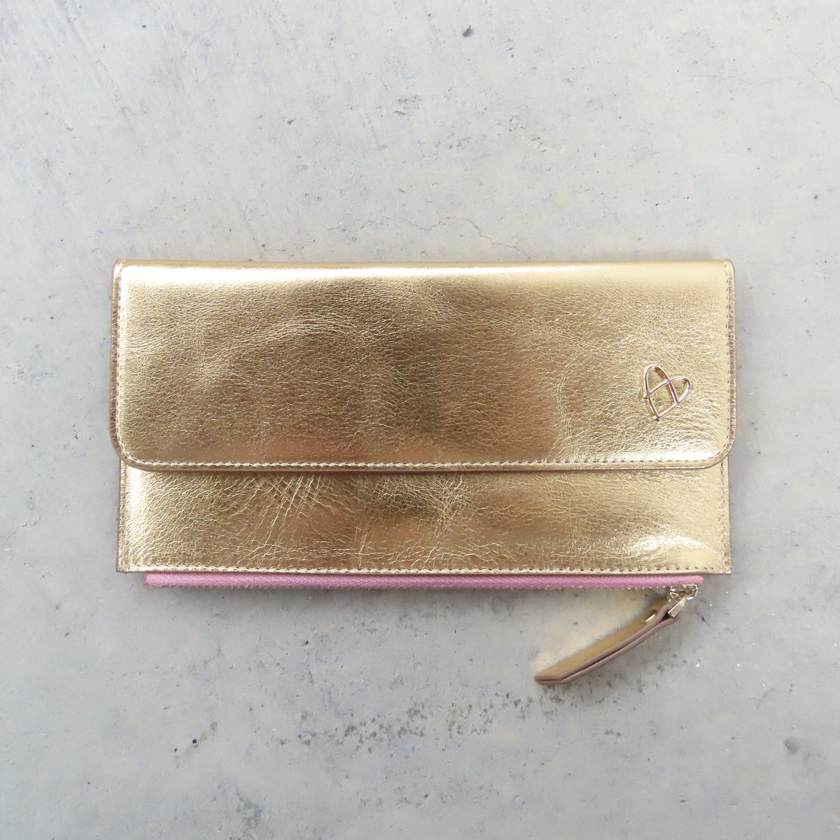 Odele Slim Wallet: Gold with Salmon Zipper