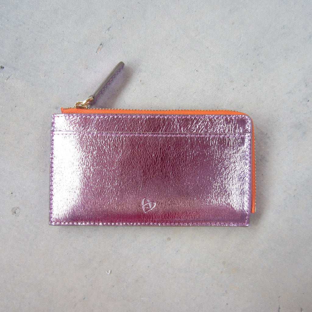 Kate Slim Zip Card Holder: Pink with Orange Zipper