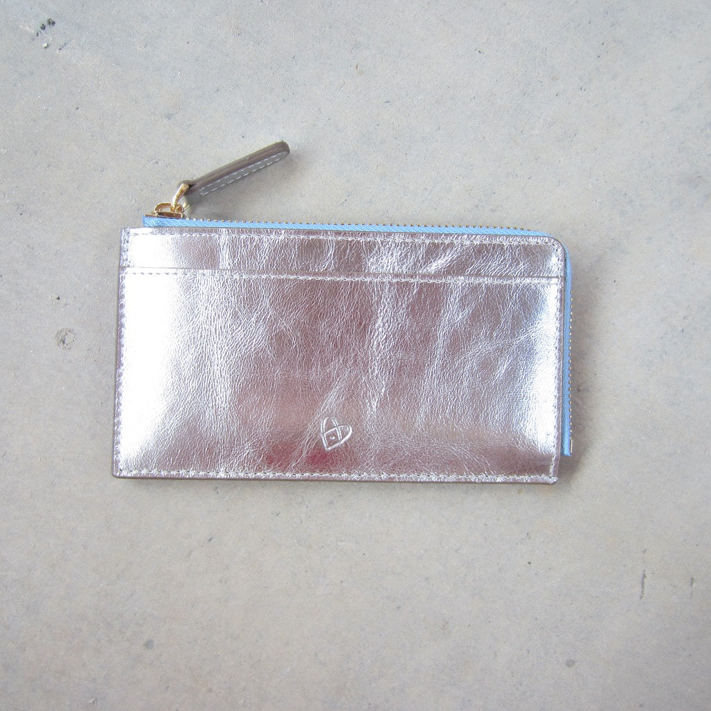 Kate Slim Zip Card Holder: Silver with Blue Zipper