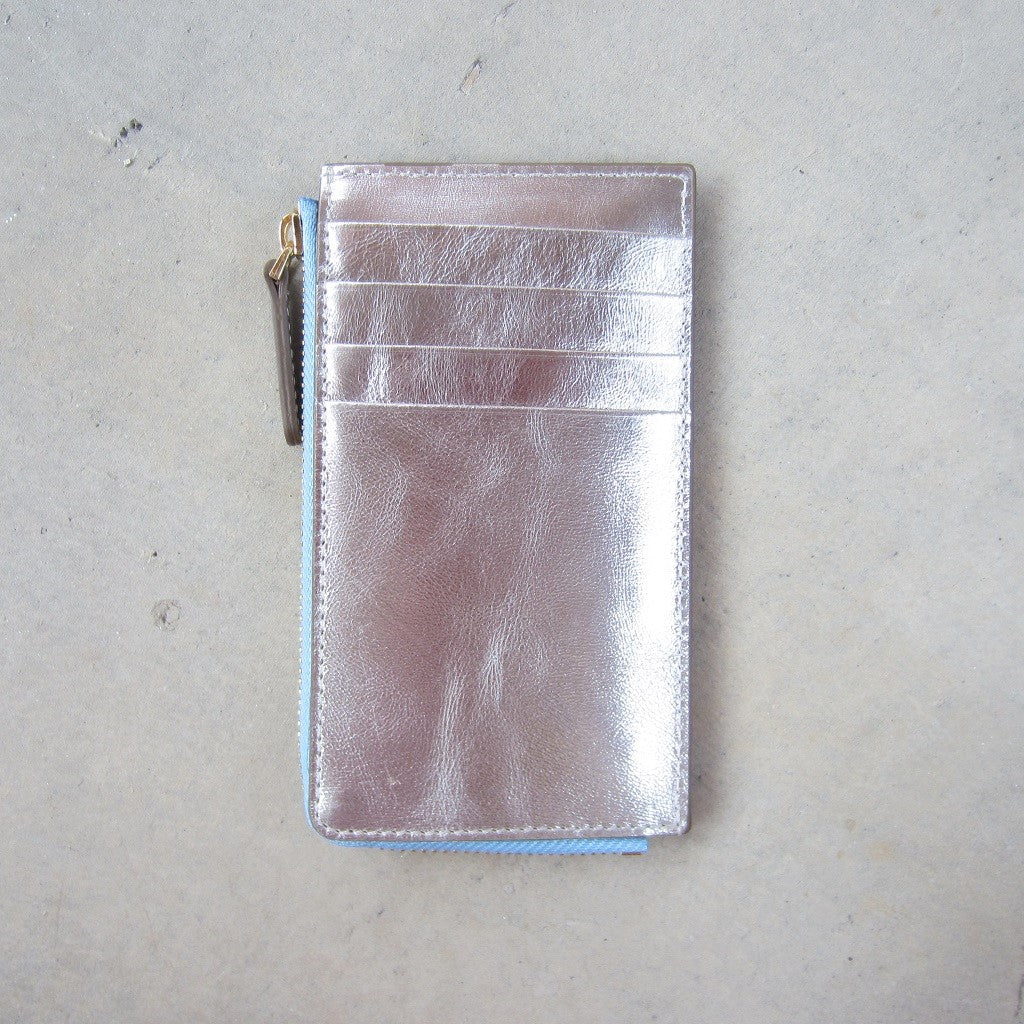 Kate Slim Zip Card Holder: Silver with Blue Zipper