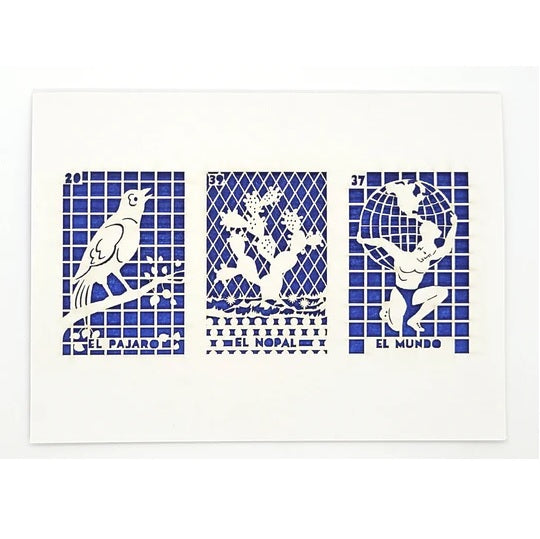 Laser Cut Greeting Card: 3 on 1 Loteria - El Pajaro, El Nopal, El Mundo