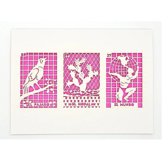 Laser Cut Greeting Card: 3 on 1 Loteria - El Pajaro, El Nopal, El Mundo