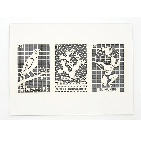 Laser Cut Greeting Card: 3 on 1 Loteria - El Pajaro, El Nopal, El Mundo