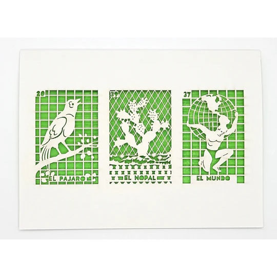 Laser Cut Greeting Card: 3 on 1 Loteria - El Pajaro, El Nopal, El Mundo