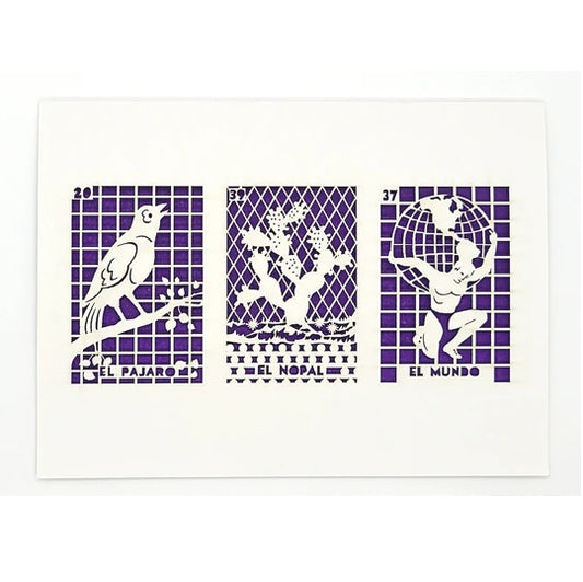 Laser Cut Greeting Card: 3 on 1 Loteria - El Pajaro, El Nopal, El Mundo