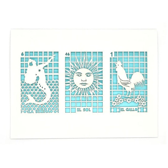 Laser Cut Greeting Card: 3 on 1 Loteria - La Sirena, El Sol, El Gallo