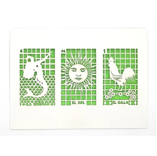 Laser Cut Greeting Card: 3 on 1 Loteria - La Sirena, El Sol, El Gallo