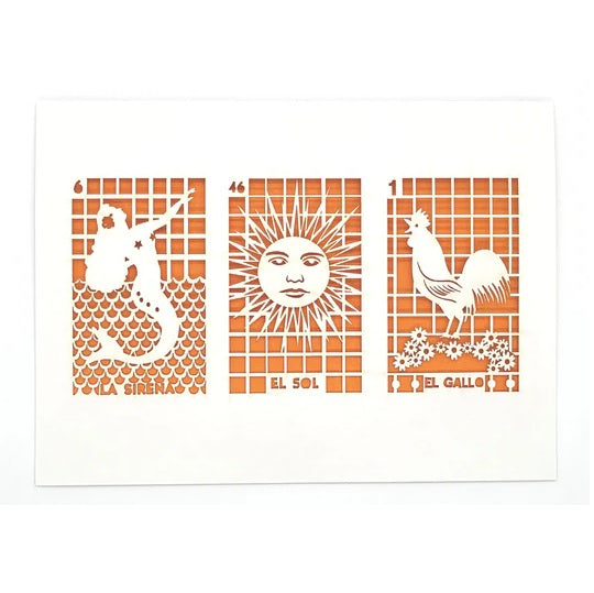 Laser Cut Greeting Card: 3 on 1 Loteria - La Sirena, El Sol, El Gallo