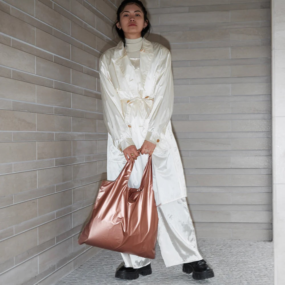 Recycled Tote Bag with Pouch: Rose Gold Metallic Bag with Zip Pocket