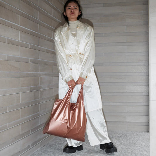 Recycled Tote Bag with Pouch: Rose Gold Metallic Bag with Zip Pocket